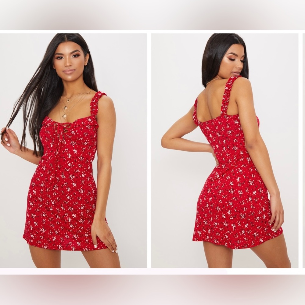 Red Ditsy Floral Print Frill Detail Shift Dress 🌺